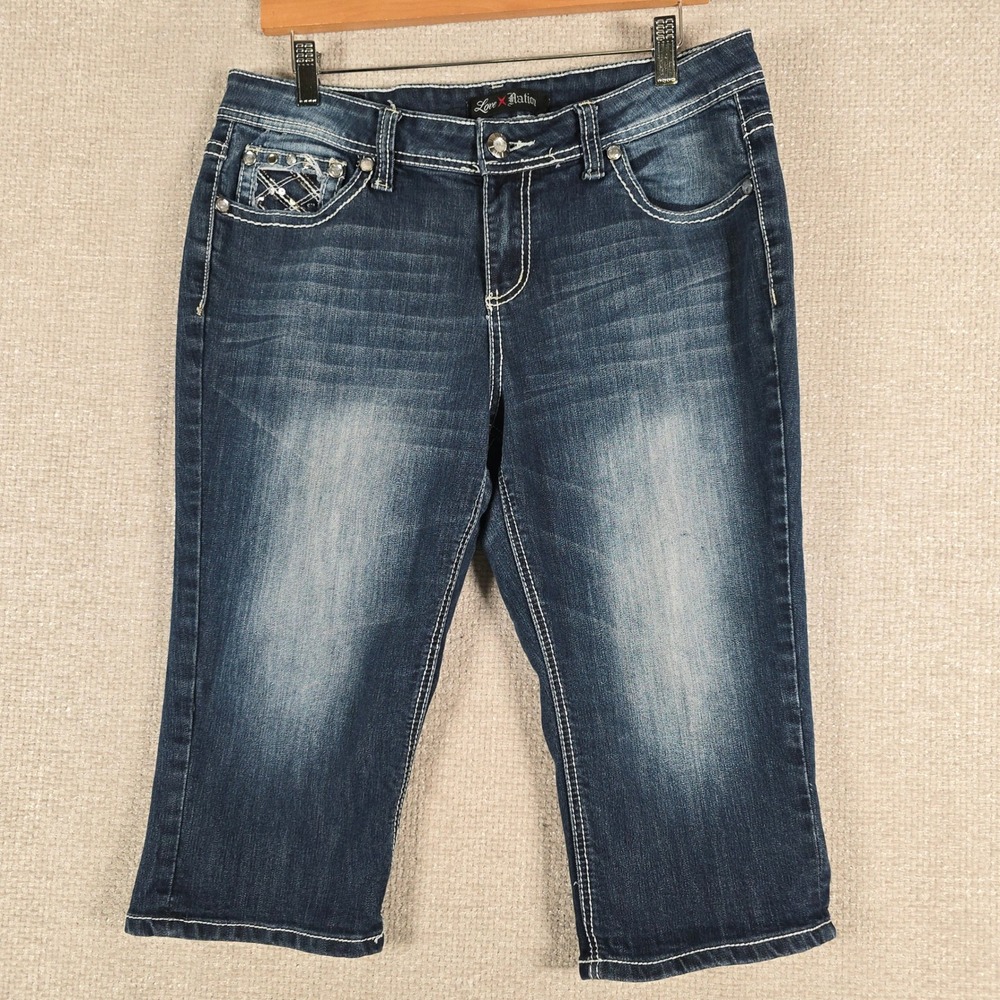 Love Nation Womens Embellished Capri Jeans Dark Wash Rhinestone Size 12 MC048184
